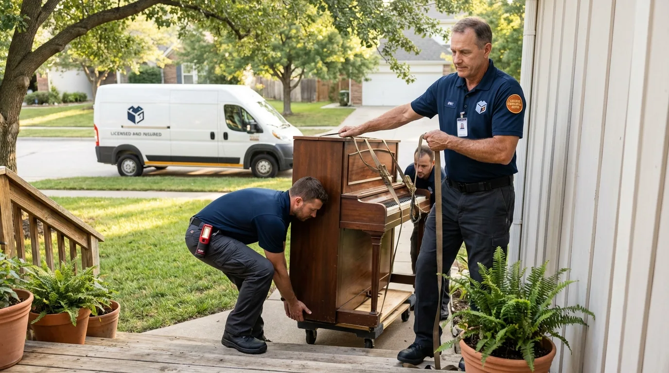 Licensed piano movers securing grand piano in Bowling Green, MO