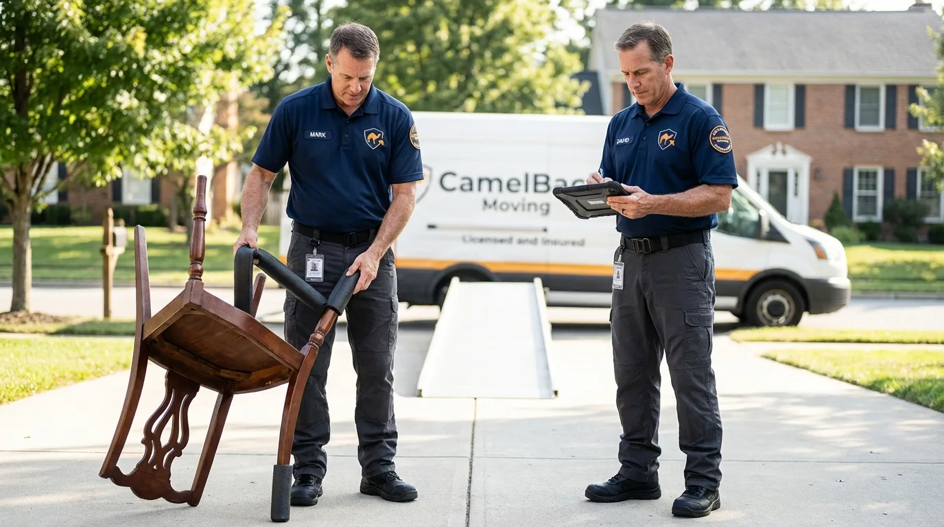 Movers inspecting furniture for damage prevention before loading in Bowling Green, MO