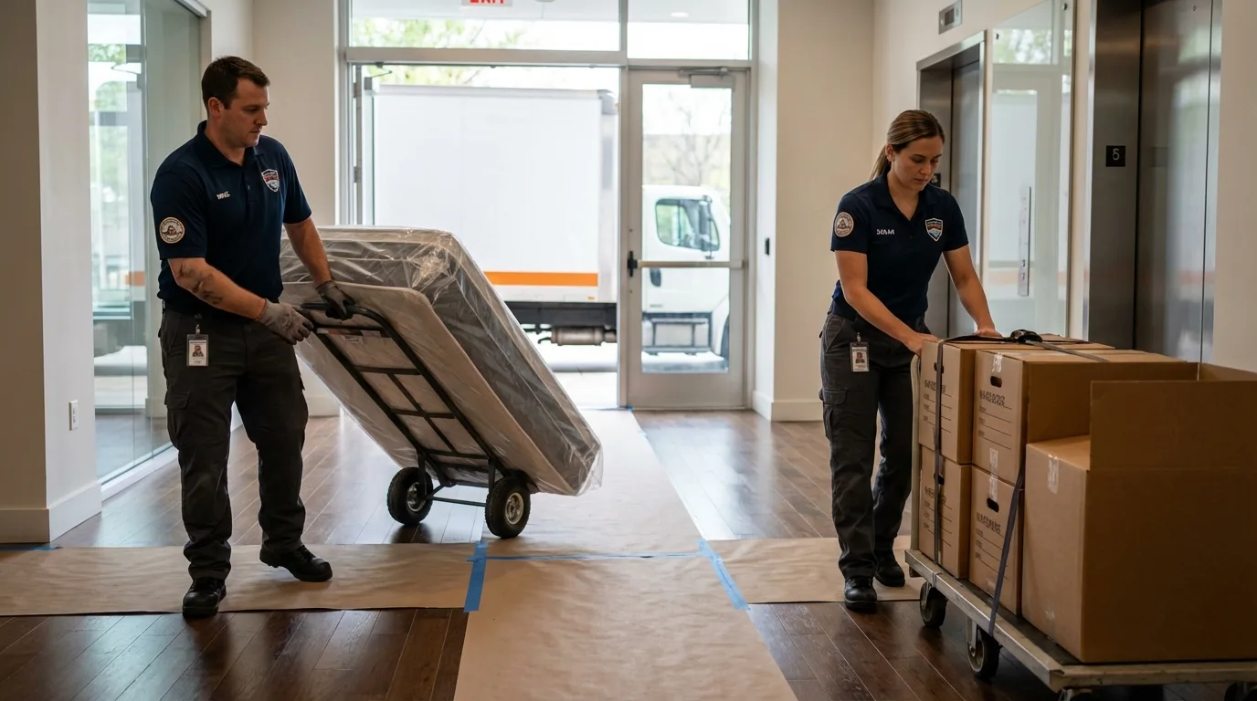 Professional apartment movers loading elevator in Bowling Green, MO